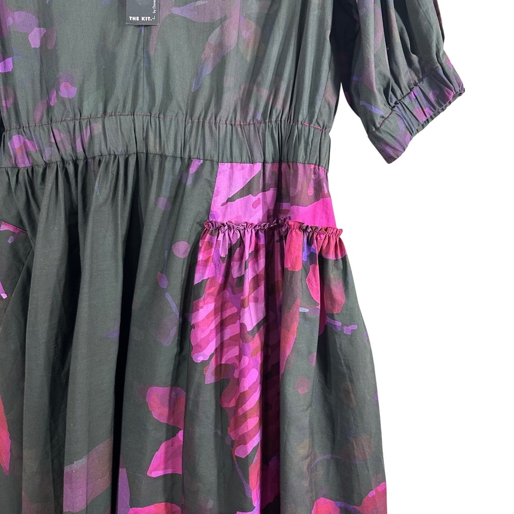 THE KIT. Purple Floral Cotton V-Neck Midi Dress with Pockets and Ruffle Size L - Picture 11 of 16